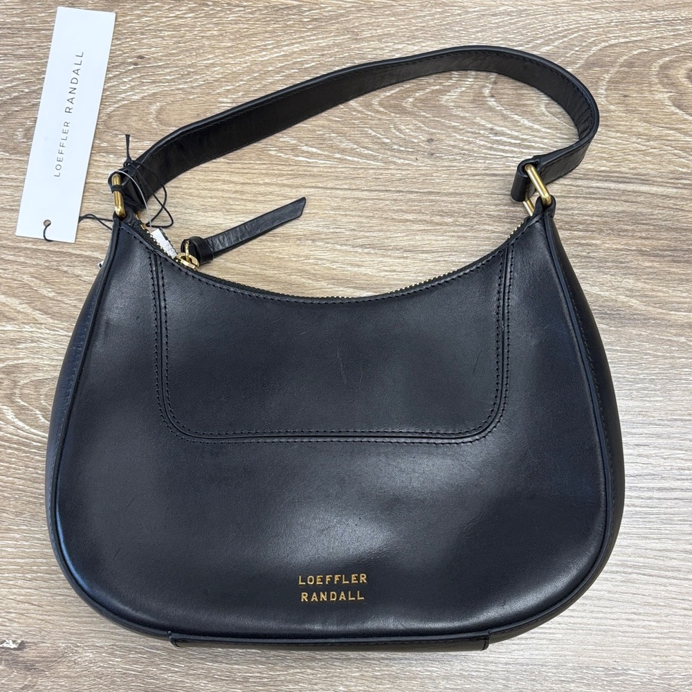 Loeffler Randall Greta  Black Leather Crescent Shoulder Bag with Gold Logo